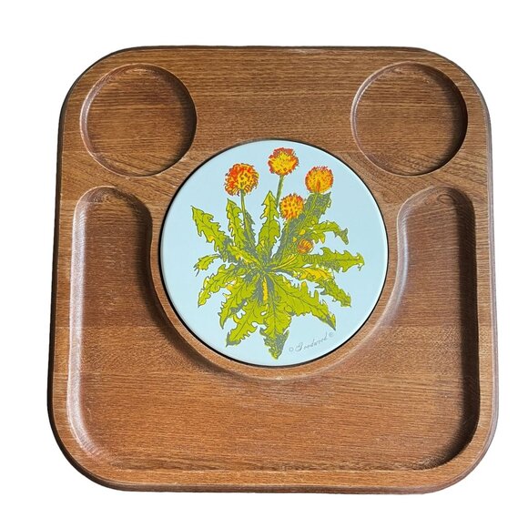 Vintage Goodwood Cheese Cracker Teak Board Tray Flower Inset Charcuterie Japan - Picture 1 of 10